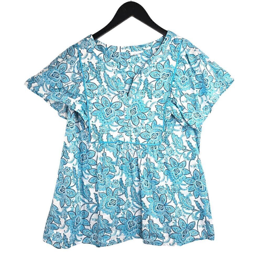 J. Jill Light Blue & White Paisley Floral V Neck Flutter Sleeve Blouse